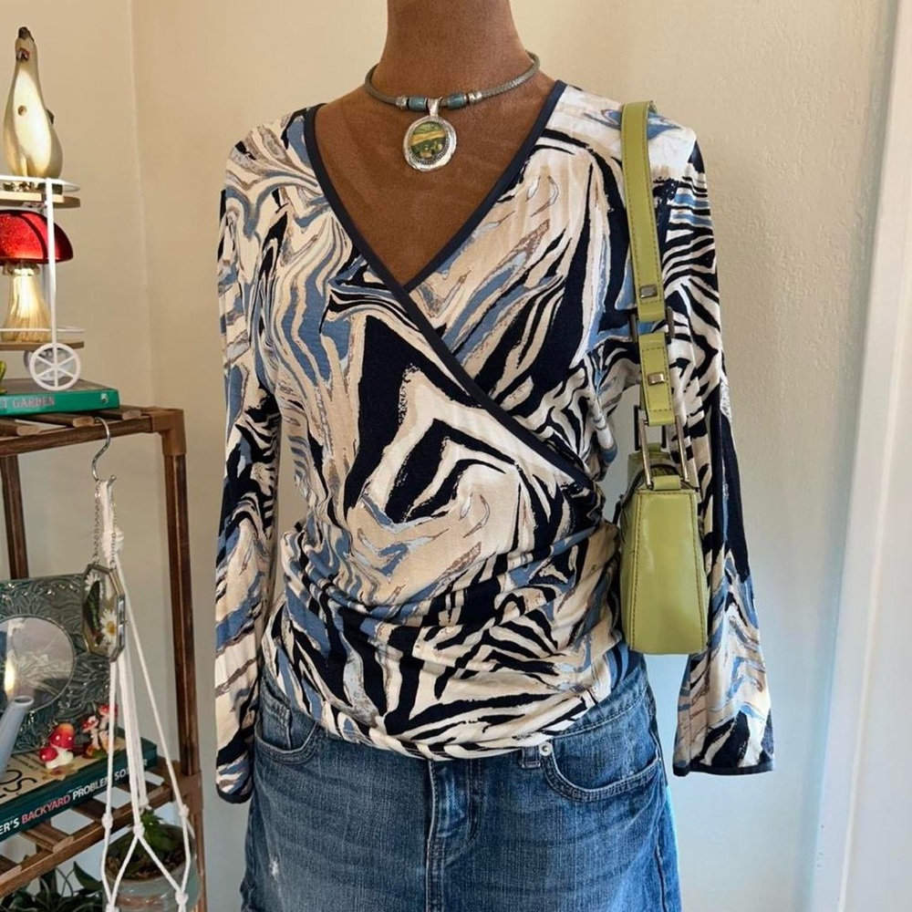Abstract Zebra Print Cross Over Chest Top w Cropped Sleeves by Kay Celine